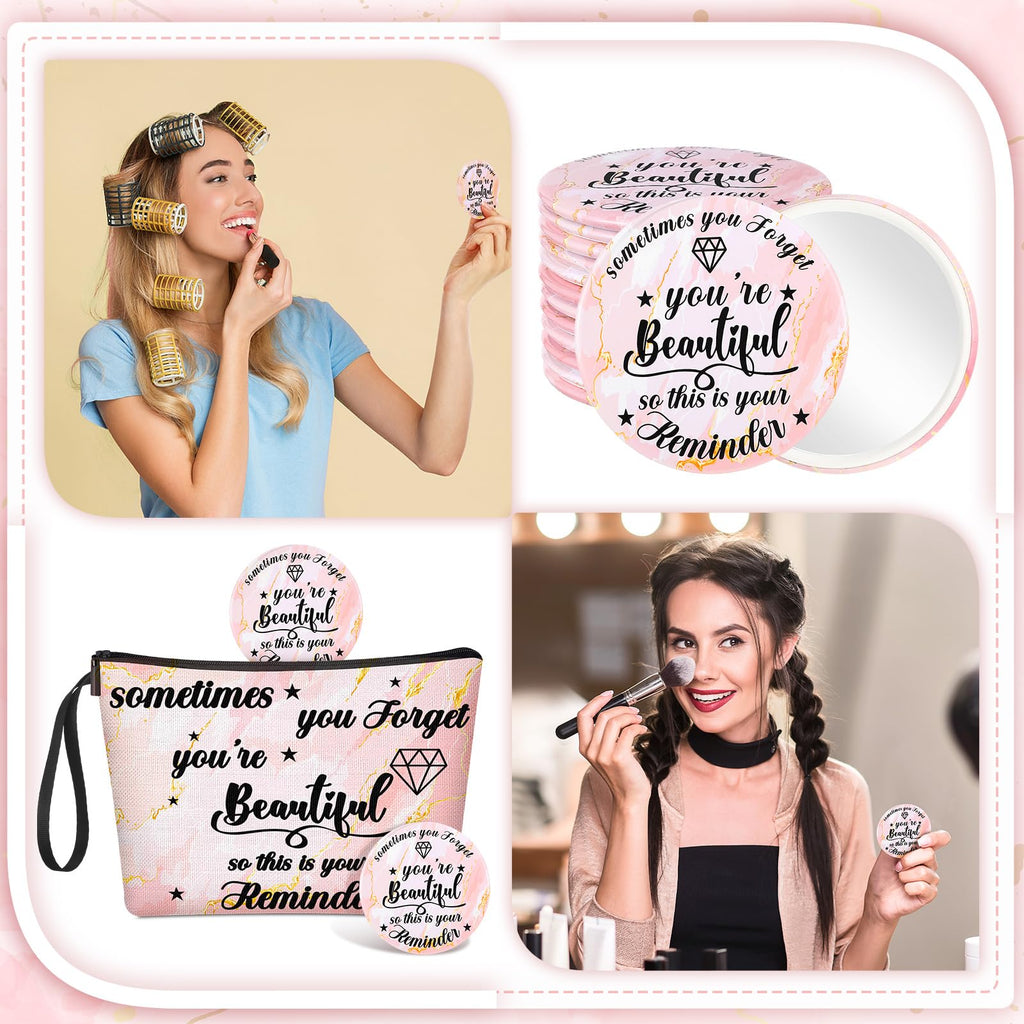 Xuniea 24 Pcs Employee Appreciation Gifts for Women 12 Motivation Canvas Makeup Bags 12 Pocket Mirror Inspirational Thank You Gifts for Women History Social Worker Month Nurse Team(Beautiful)
