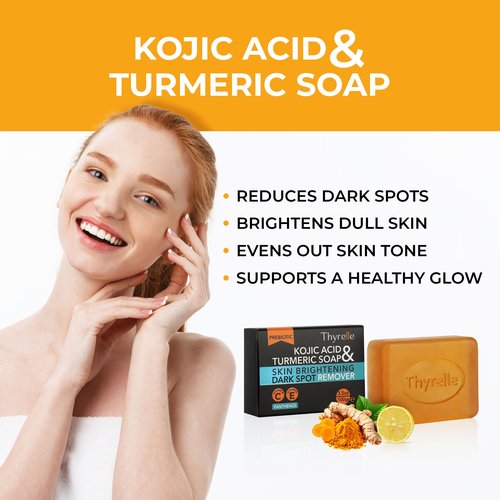Thyrelle Kojic Acid and Turmeric Soap (3.5 oz) I Kojic Acid Soap for Body and Face I Turmeric soap bar with Panthenol, Vitamin C, Vitamin E and Prebiotics