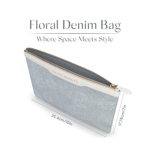 Floral Denim Zipper Cosmetic Bag with Unique Pattern for Women - Cute Travel Makeup Bag- Medium Size Toiletry Organizer for Daily Use