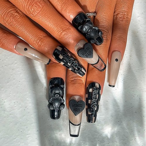 Sethexy French Long Coffin False Nails Handmade Glossy Acrylic Luxury Fake Nails 3D Black Bow Love Heart Bear Press On Nails Checkerboard Salon Quality Nail Removable for Women and Girls 10Pcs（U）