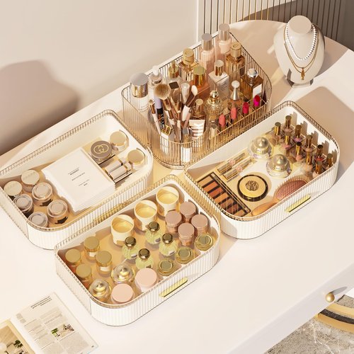 Makeup Organizer with 360 Rotating Brush Holder and Stackable Drawers, Cosmetic Display Case for Vanity, Bathroom Countertop (White, 3 Layer)