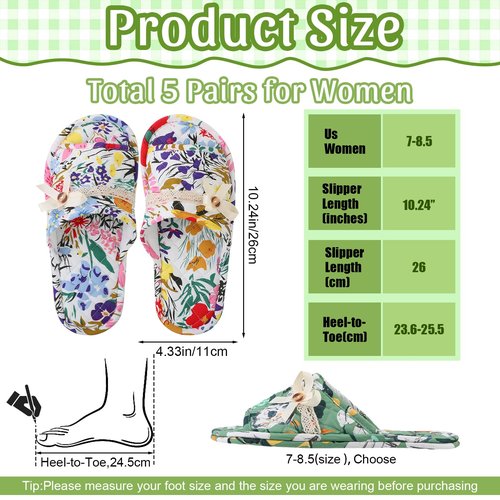 Chuarry 5 Pairs Floral Cotton House Slippers for Women, Soft Open Toe Indoor Spa Slippers for Guests Non Slip Washable Comfortable Portable Shoes for Hotel Travel Bedroom Airplane Party