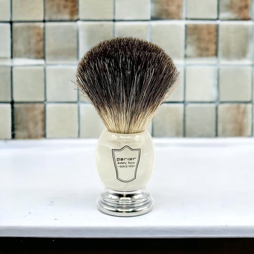 Parker 100% Black Badger Bristle Shaving Brush - Ivory Marbled Handle & Stand Included