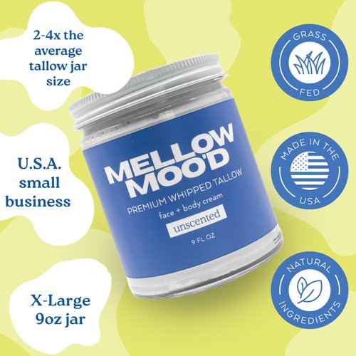 Mellow Moo'd Unscented Whipped Grass Fed Beef Tallow - Face + Body Cream - Tallow Moisturizer for Sensitive Skin - Natural Body Butter Lotion XTRA Large 9 FL OZ - Made In USA