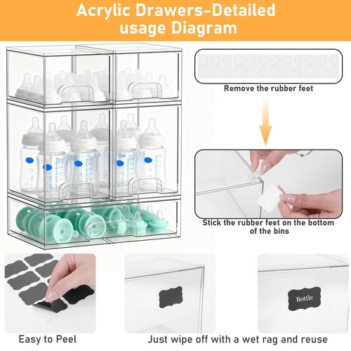 Lufstd Stackable Storage Drawers Set of 5, Baby Bottle Organizer, Clear Multipurpose Storage for Countertop - Organize Kitchen, Vanity, Bathroom Cabinet & Pantry Supplies