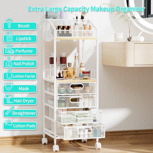HapiRm Makeup Organizer Storage Cart - Floor Skincare Make Up Storage with 4 Drawers, Rolling Makeup Cart Vanity Organizer Cosmetics Display Cases Holder for Skin Care Perfume Nail Polish