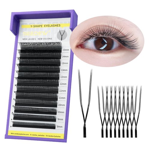 SEEDEW U Shape YY Lash Extensions, UYY 0.07mm D Curl MIX8-15mm 12 Rows/Tray, Natural Soft Lightweight Eyelashes Grafting for Lash Artists, Beauty Salon (Matte Black-0.07-D-MIX8-15mm) UYY