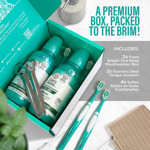 GuruNanda Fresh Breath Mouthwash, ADA-Accepted, Alcohol & Fluoride-Free, Sodium Chlorite, Essential Oils & Vitamins, 12-Hrs Fresh Breath, Wild Mint, 16 oz - 2 Pack