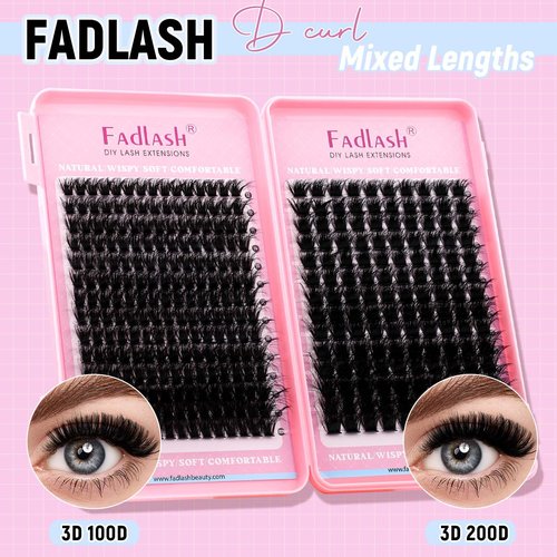 Lash Clusters 100D+200D Eyelash Clusters D Curl Fluffy Cluster Lashes 12-20mm 3D Thick Effect Individual Lashes DIY Cluster Eyelash Extensions for Beginners