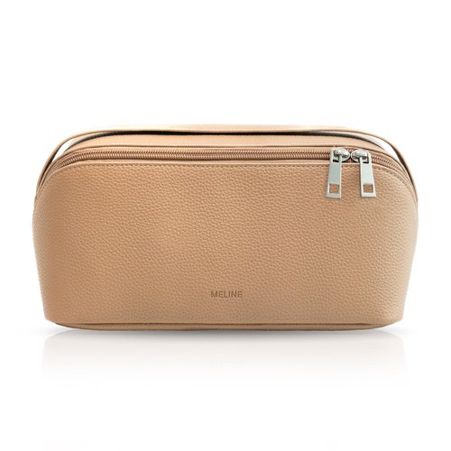 MELINE Travel Makeup Bag – Large Capacity Cosmetic and Toiletry Organizer with Divider and Handle, Waterproof Flat-Open Design, Portable Pouch for Women (Taupe)