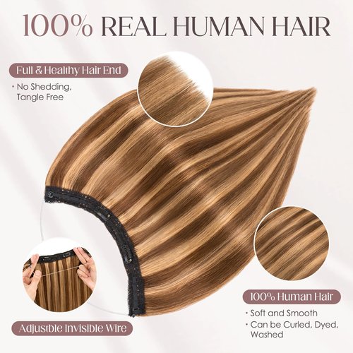 MY-LADY Halo Hair Extensions Real Human Hair for Women Chestnut Brown & Dark Blonde Clip in Remy Hairpiece with Adjustable Invisible Wire 14 Inch 70G