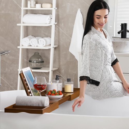 Kiasthome Teak Bathtub Caddy, Expandable Bath Tray, Non‑Slip Luxury Tub Caddy with Wine Phone Tablet Holder, Wooden Bath Accessory for Home Spa and Gift