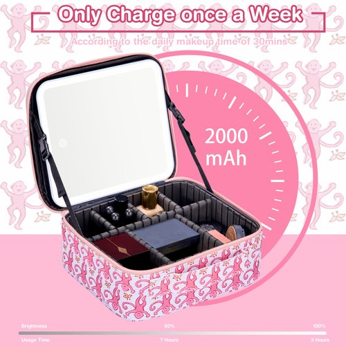 HMPEAIIY Travel Makeup Bag Organizer with LED Mirror, Portable Monkey Cosmetic Train Case with Adjustable Dividers, Brush Storage Board for Women Christmas Thanksgiving Valentine Birthday Gift (Pink)