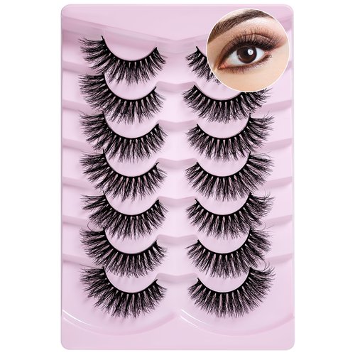 PAVONNE Cat Eye Lashes Wispy Fluffy, 8D Faux Mink 12-18MM (7 Pairs) - Dramatic Volume, Waterproof Lightweight, Daily & Party Wear, Reusable (B Curl)