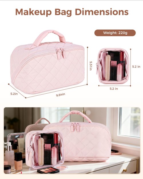 Travel Makeup Bag for Women, 2Pcs Large Capacity 180 Lay-Flat Toiletry Organizer with Brush Compartment, Waterproof Quilted Cosmetic Bag with Multiple Pockets for Travel, Vacation, Business Trip