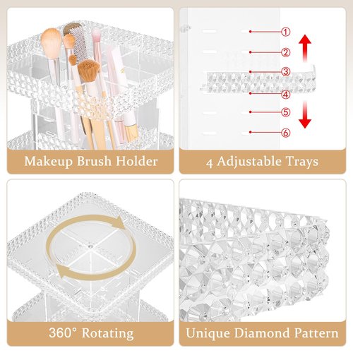 HEMTROY Rotating Makeup Organizer with Makeup Brush Holder, Large Capacity Perfume Organizer for Vanity Countertop, Acrylic Skincare Organizers Spinning Holder Storage Rack (Clear)