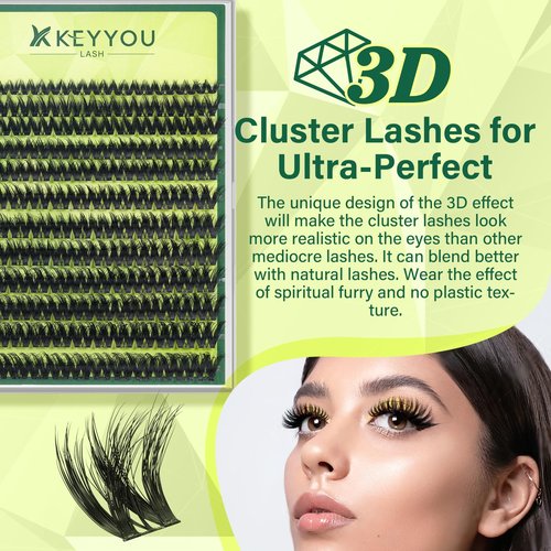 KEYYOU Lash Clusters 3D Effect Volume Eyelash Clusters Flaunt Style 144PCS D Curl Flora Wispy Look LengthLock 8–18mm Mix Ultra-Thin Black Band (PuffSilk V3D01)