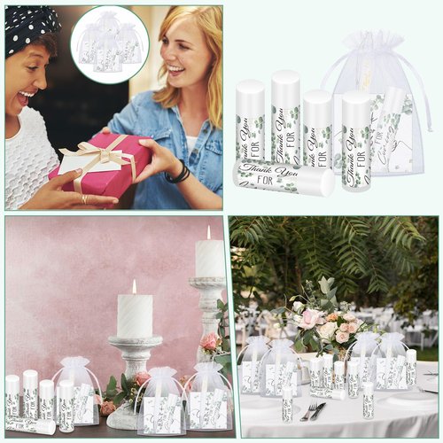 Heigble 50 Set Wedding Thank You Gifts, Thank You Lip Balm Bulk Retractable Ballpoint Pen Appreciation Card Organza Drawstring Gift Bag Bridal Shower Gift for Guest Wedding Party(Eucalyptus Leaf)