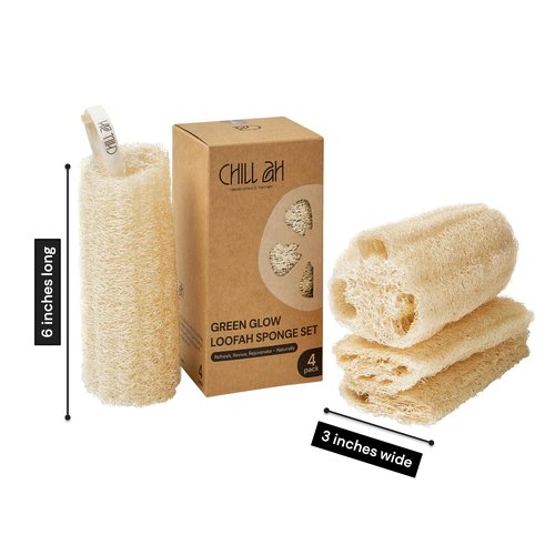 Chill Ah Natural Loofah Sponge Set – 100% Plant-Based, Dye-Free, Biodegradable Bath Exfoliator for Glowing Skin – Handcrafted in Vietnam (4-Pack)