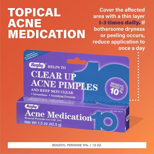 Rugby Acne Medication Benzoyl Peroxide Gel USP, 10% - Clear Up Acne Pimples - Greaseless, Vanishing Formula - 1.5 Oz (42.5g) - 3 Pack