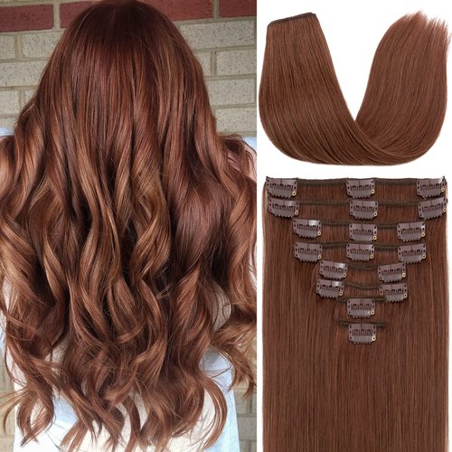 S-noilite Clip in Hair Extensions Human Hair Dark Auburn Human Hair Short Hair Clip in Extensions Full Head 8 Pieces/18 Clips 100% Real Human Hair Silky Straight 10"-70g Dark Auburn (#33)
