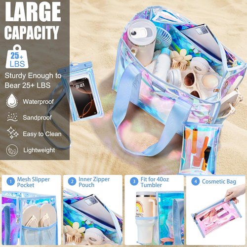 Bagstellar Iridescent Beach Tote Bag - Large Waterproof & Sandproof with Makeup Pouch | Adjustable Strap, Packable Travel Essential for Women