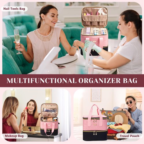 BAGMIND Nail Polish Organizer, Double Layer Nail Organizer and Storage Box Holds 42 Bottles & Nail Tech Kit Supplies, Large Capacity Nail Polish Organizer Case Carrying Bag