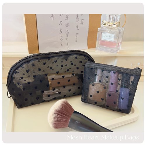 5 Pieces Zipper Mesh Cosmetic Bags Set, Mesh Heart Makeup Bags Toiletry Bags, Portable Travel Makeup Bags for Women, Small Items Storage Organizer Bags for Travelling (Black)