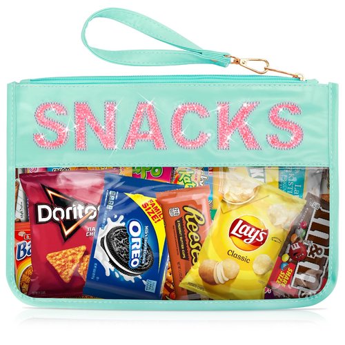 Clear Snack Bag For Travel Beach Work Waterproof, Bling Rhinestone Letter Cosmetic Bags Travel Toiletry Bag,Cute Snack Pouch Organization,Personalized Makeup Bag Gift For Women Girls (Blue-Snacks)
