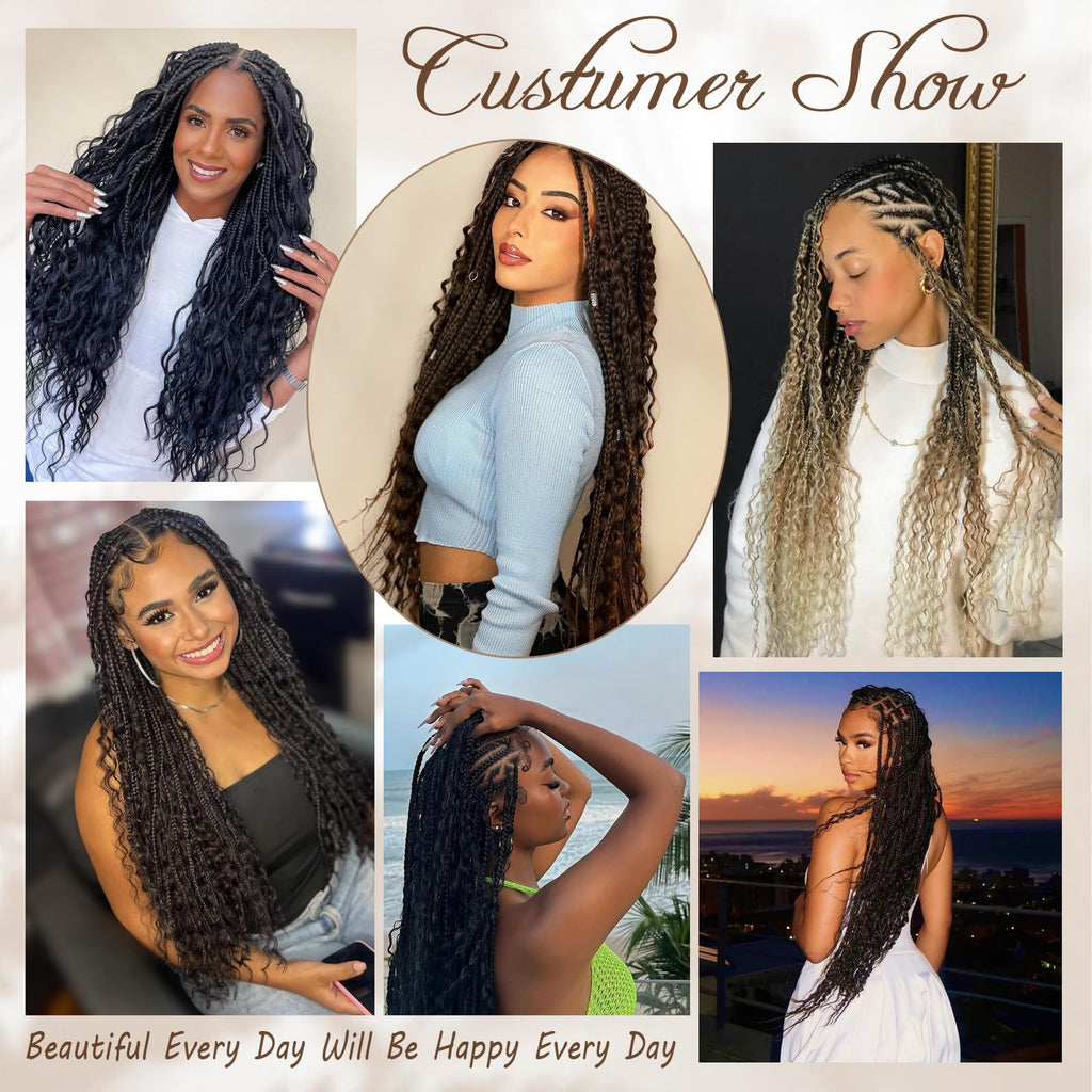 Vustbeauty 9 Packs Boho Box Braids Crochet Hair 24 Inch Goddess Box Braids Crochet Hair With Curly Ends Synthetic Bohemian Braids Hair Extension For Women (24inch, 1b/30/27)