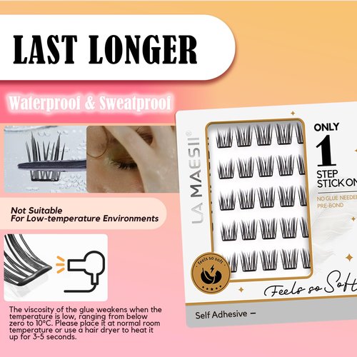 LA MAESII Self Adhesive Lash Clusters, Press-On Lashes No Glue Needed Pre Glued Eyelash Clusters Wispy Cluster Lashes, C Curl Individual Lash Kit, ULTRA-THIN&LIGHT Reusable No Residue(SA04)
