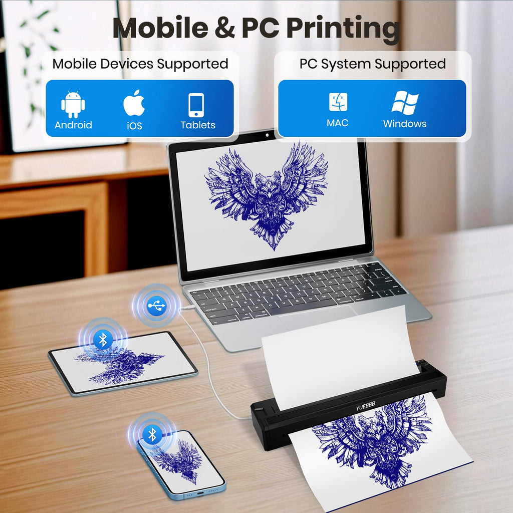 YUEBBB Tattoo Stencil Printer, Portable Printer, Wireless-Bluetooth-Thermal Tattoo Transfer Machine with 10pcs Thermal Papers & 3pcs Transfer Papers, Support Mobile & PC