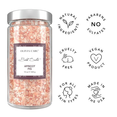 Olivia Care Pink Himalayan Bath Salts - Relieve & Relax Muscles, Exfoliate & Rejuvenate Skin | Natural Ingredients, Fresh Apricot Fig Scent - 12 OZ