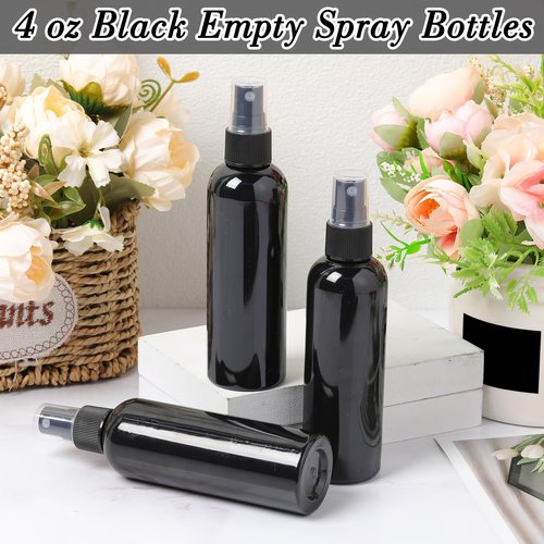 Kigley 100 Pcs Small Spray Bottle Bulk 4 oz Plastic Empty Mist Spray Bottles for Essential Oils Fine Mist Sprayer Reusable Refillable Portable Travel Containers for Perfume Cleaning Samples(Black)