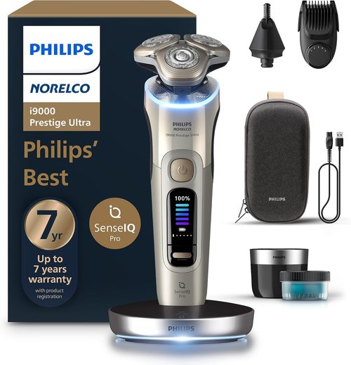 Philips Norelco Shaver i9000 Prestige - Ultra Wet & Dry Electric Shaver with SenseIQ Pro Technology | White Gold, Triple Lift & Cut System, 360 Rotating NanoTech Blades