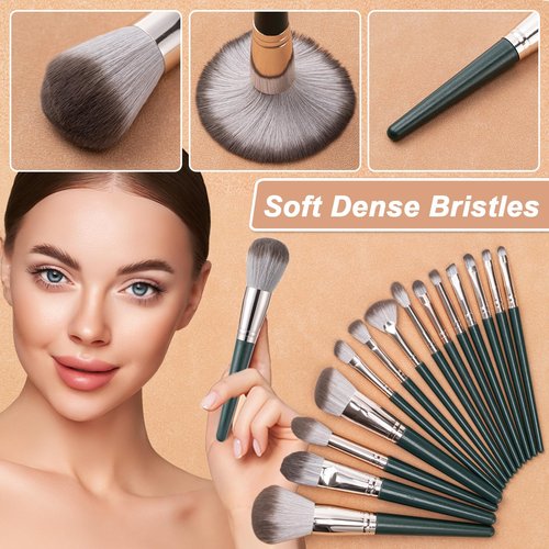 Amrules Makeup Brushes, 14 Pcs Professional Makeup Brush Set, Eye and Face Foundation Brush Set, Eyeshadow Brushes, Cosmetic Brushes with 2 Blender Sponge and PU Makeup Pail, Dark Green
