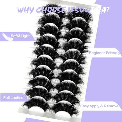 IFSOWDRA Mink Lashes Fluffy Big Dramatic Thick False Eyelashes, Soft 20mm Volume 3D Faux Mink, 20 Pairs Eyelashes Pack, 25mm Full Strip Lashes That Look Like Extensions