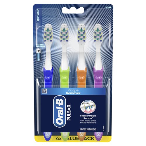 Oral-B Toothbrush, Vibrating Plaque Remover Pulsar, Vibrating Battery Toothbrush, Soft, 4 Count