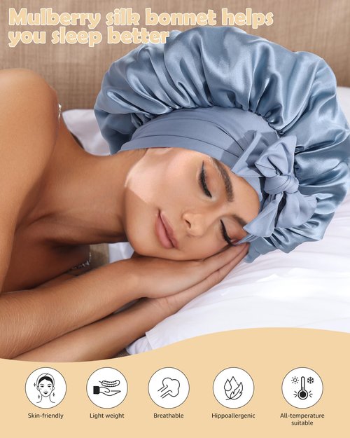 HAIMEIKANG Double-Sided 100% Mulberry Silk Bonnet & Shower Cap for Women - Premium Silk Sleep Cap for Hair Care - Comfortable & Stylish for Everyday Use and Travel