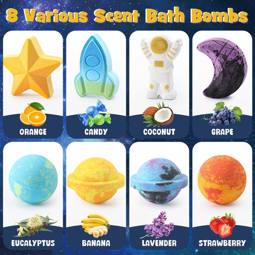Toylink Space Bath Bombs for Kids with Surprise Inside, 8 Pack Kids Galaxy Bath Bombs with Space Toys for Toddler Boys Girls Handemade Rainbow Bubble Bath Fizzies Birthday Christmas Gift Set