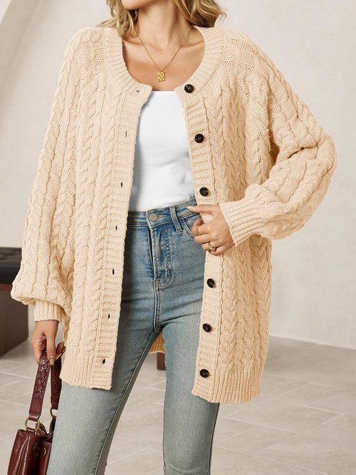 Saodimallsu Women's Oversized Cable Knit Cardigan - Chunky Button Down, Long Lantern Sleeves, Warm Sweater Dress