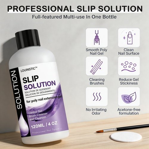 LOUINSTIC PolyGel Slip Solution - 4oz, Nail Extension Anti-Stick Liquid, Art Brush Cleanser, for Poly Extension Gel Kit, with Dual-Ended Nail Brush, for Home DIY Nail Art & Salons