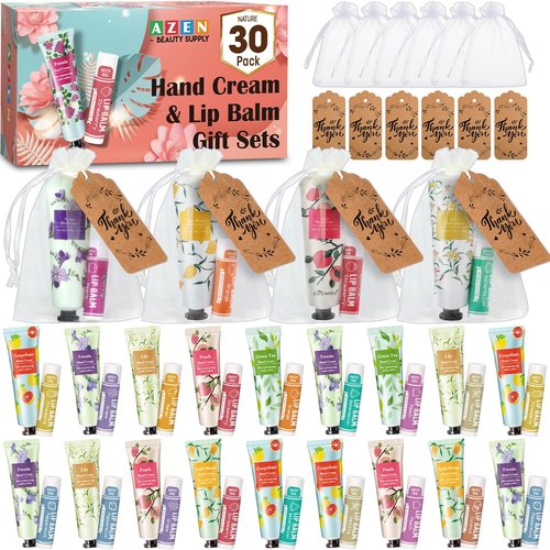 AZEN 30 Sets Bulk Gifts, Hand Cream and Lip Balm Bulk Set with Organza Bag Thank You Card, Baby Shower Wedding Gifts for Guests, Bridal Wedding Favors