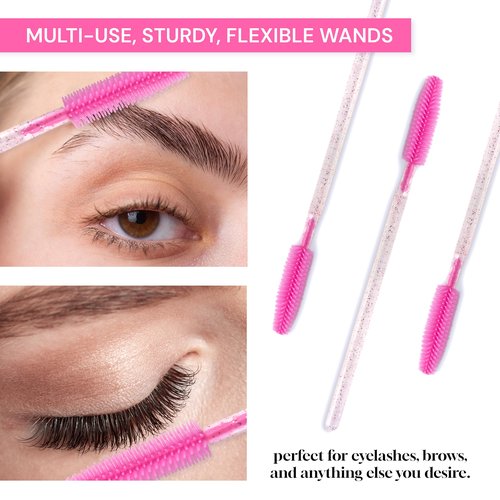 Apothie 100 Pieces Silicone Disposable Mascara Eyelash Wands - Eyebrow & Lash Extension Spoolie Brushes, Comb Separator, Microblading Tool, Applicator (100 Brushes, Pink Crystal)