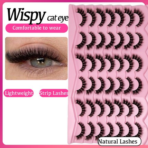 etokdos Short Fluffy Lashes Cat Eye 21 Pairs Natural False Strips Lashes Pack Wispy 3D Faux Mink Eyelashes