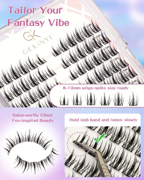 Gekinye Manga Natural Lash Clusters - Wispy Eyelash Clusters 8-13mm D Curly DIY Individual Lashes with Soft Thin Band, 120pcs