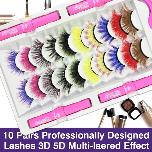 Color Magnetic Eyelashes Colored Magnetic Lashes – The Perfect Glam Pack: 10 Vivacious Styles, 4 Magnetic Eyeliners, Limitless Eye-catching Looks Magnificently, Cruelty-Free & Vegan