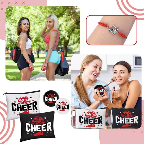 Sunnymove 60 Pcs Cheerleader Gifts Bulk Cheer Team Gifts for Women with Cheerleader Cosmetic Bags Makeup Mirror Bracelets Lipstick Holder Keychains Lanyard Cheer Team Party Favors(Red White)