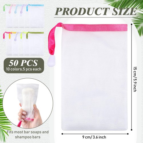 Sunnyray 50 Pcs 10 Colors Mesh Soap Bags Handmade Soap Bubble Bags with Drawstring Exfoliating Mesh Pouch for Foaming and Drying for Shower Body Facial Cleaning Tool