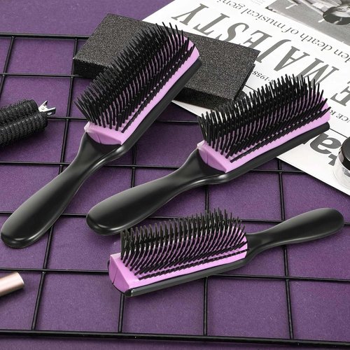 Patelai Cushion Nylon Hair Brush - 9-Row & 5-Row Detangling Comb for Natural Hair | Travel-Friendly, Black Purple